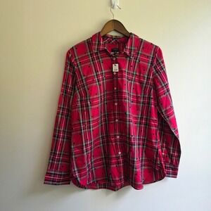 Talbots Red Plaid Velvet Polka Dot Button Down Shirt Medium NWT Maximalist